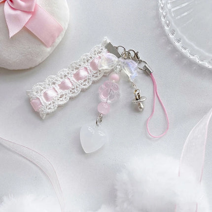 Dainty Lace Ribbon Keyring Cute Heart Pendant Keychain Colorful Beaded Phone Lanyard Multi-Functional Bags Accessories