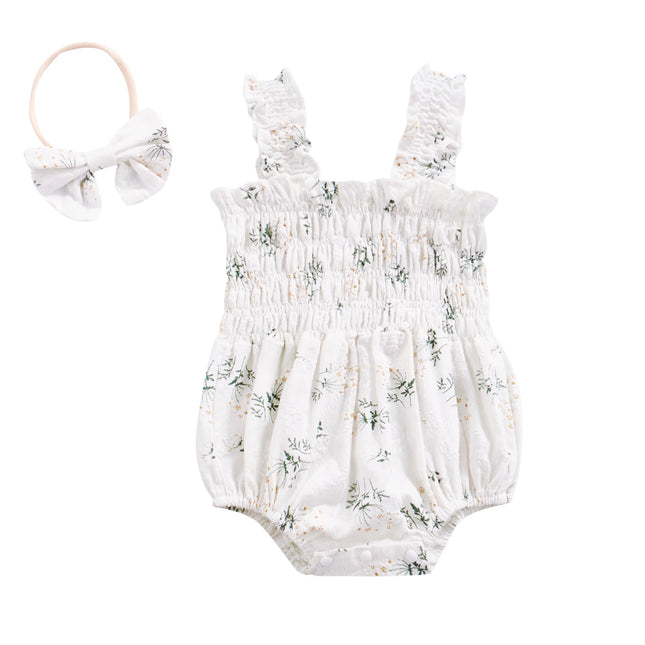 Ensemble Combinaison sans Manches pour Bébé Fille Imprimé Floral Poitrine Élastique Bretelles Nœud Bandeau