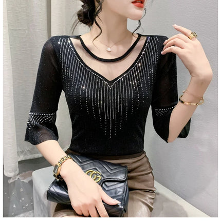 2025 Spring Summer Mesh Tops Korean Fashion Diamond T Shirt Slim 3/4 Sleeve Hollow Out Casual Women Shirt