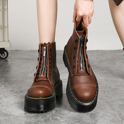 Women Boots Genuine Leather Platform Boots Motorcycle Shoes Front Zipper Optical Soles Fashion Sexy Punk Luxury Men Winter Boots