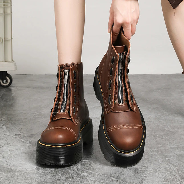 Women Boots Genuine Leather Platform Boots Motorcycle Shoes Front Zipper Optical Soles Fashion Sexy Punk Luxury Men Winter Boots
