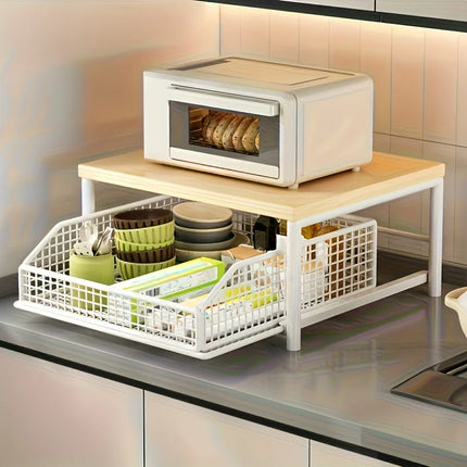 2-Tier Kitchen Countertop Storage Rack - with Drawers + Mesh Baskets Sturdy Solid Wood + Metal Material Space Saving Fits Coffee