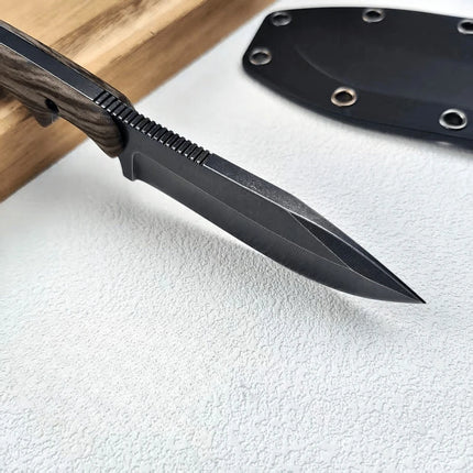 New outdoor small straight knife, stone washed blade camping edc survival knife, white/wood grain handle + k sheath tool.