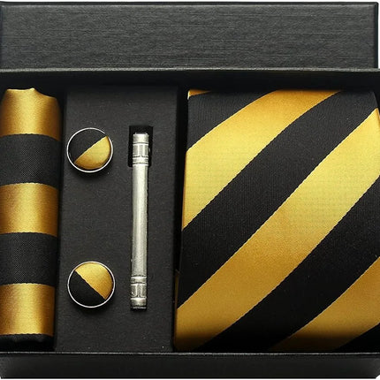 Classic 100% Silk Men's Ties In Gift box 8cm Plaid Dot Striped Business Necktie Handkerchief Cufflinks Wedding Party Tie Set
