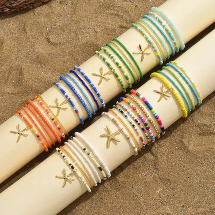 Multilayer Bohemia Rice Bead Anklet Set for Women Fashion Starfish Pendant Anklets Summer Sandy Beach Ankle Chain on Leg Jewelry