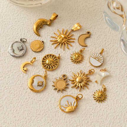 1Pc Stainless Steel Star Sun Moon Series DIY Pendant, Plated with 18K Gold for Color Preserving, Women's Jewelry Gift