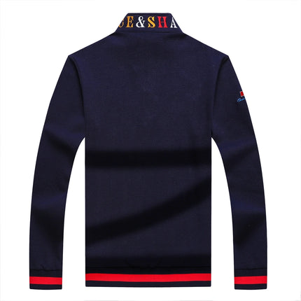 TACE&SHARK Fashion Men's Shark Embroidery Long Sleeve Polo Shirt Cotton Casual Wear Business Solid Color Tops