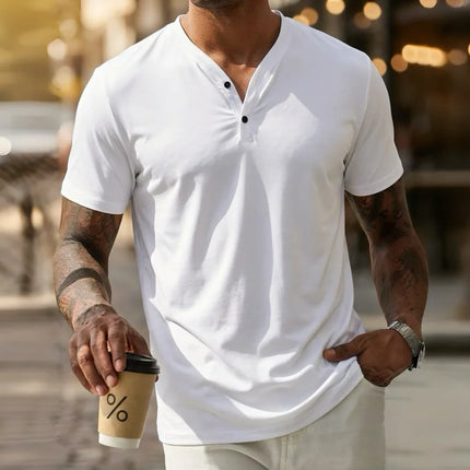 Men's polo shirt, solid color, V-neck, short-sleeved Henley T-shirt, casual button-down placket, everyday commuting base layer.