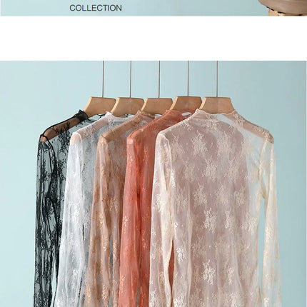 Trendy Sexy Women Mesh T-Shirts Transparent Lace Blouse Long Sleeve See Through Tops for Women O Neck Sheer Tees Body Crop Top