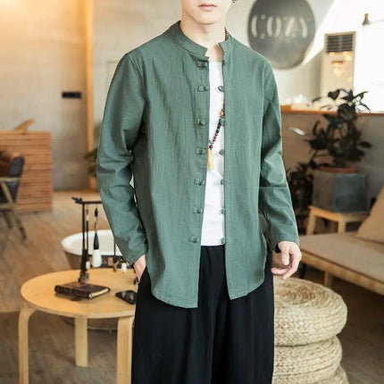 Versatile Loose-fit Long Sleeve Shirt Men's Casual Chinese Style Tang Suit Jacket Summer Lightweight Linen Top