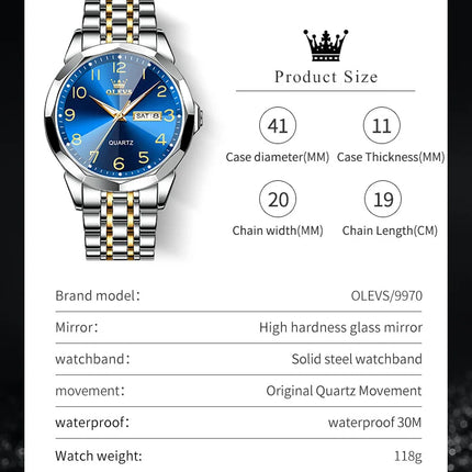 OLEVS Original Luxury Brand Watch for Men Waterproof Silver Stainless Steel Classic Casual Quartz Wristwatch Date Week Man Gift
