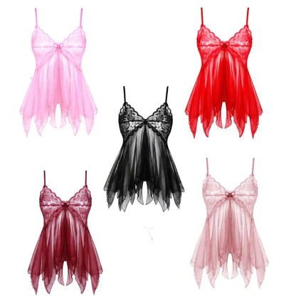 Women Lace Babydoll Lingerie Set Spaghetti Strap Sheer Nightwear Irregular Hem With Panties Sheer Floral Erotic Hot Sexy Costume