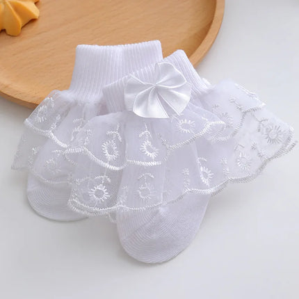 Infant Baby Girls Ruffle Lace Socks Super Soft Ankle Socks Princess Dress Socks With Bow 0 to 2 Years