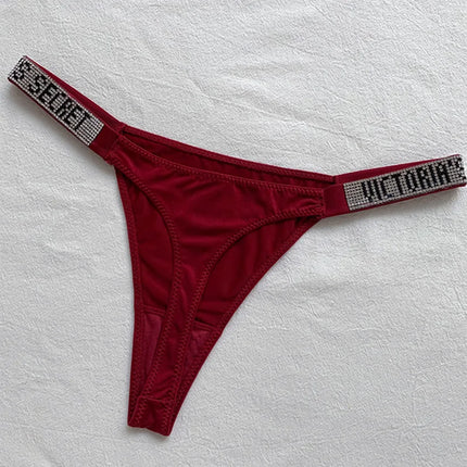 2025 New Satin Letter Rhinestone G-String Women Underwear Sexy Lace Lingerie Low Waist Seamless Panties Panties