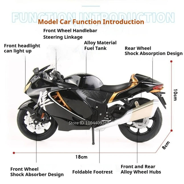 Scale 1:12 Suzuki Hayabusa GSX250R Motorcycle Model Toy Car Alloy Body Rubber Tires Music Light Motor Models Collectible Item