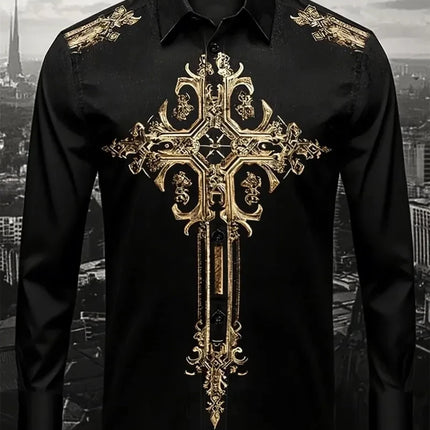 New men's gold printed shirt, soft fabric, comfortable, luxurious, high-quality, long sleeved button up party dress shirt