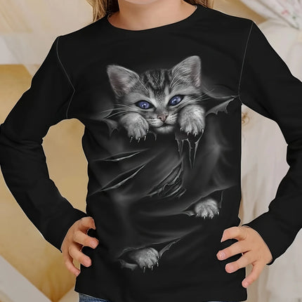 Children's Clothing Girl T-Shirts Long Sleeve Child T Shirt Cartoon Round Neck Cat Print Casual Kids Summer Clothes Girl Top Tee