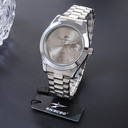 A quartz wristwatch with a stainless steel strap and personalized dial, equipped with a date display function. The simple and atmo