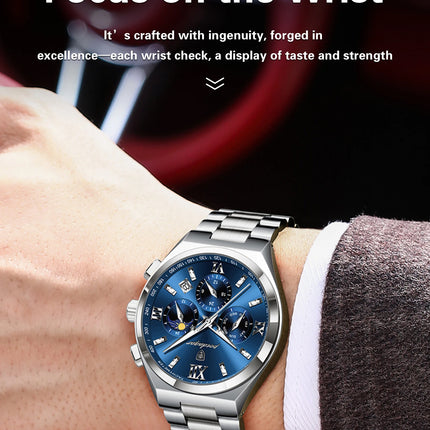 POEDAGAR Fashion Functional Men's Wristwatch Luminous Week Date Business Watch For Men Stainless Steel Sports Men's Quartz Watches
