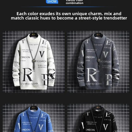 Men's Autumn Winter Fleece Lined Knitted Half High Collar Sweater Letter Pattern Thick Warm Casual Wear for All Seasons