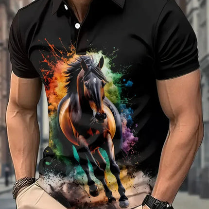 Men's Polo Shirt Animal Graphic Print Outdoor Casual O Neck Fine Horse Short Sleeve Street Fashion Male Oversized Clothing