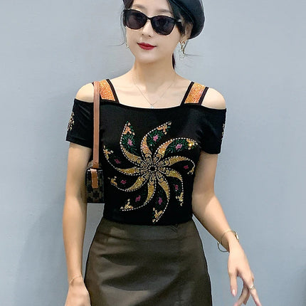New Summer European Clothes Women's T-Shirts Luxury Butterfly Hot Diamonds Tees Sexy Streetwear Off-Shoulder Tops Shirt