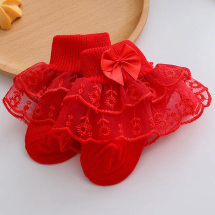 Infant Baby Girls Ruffle Lace Socks Super Soft Ankle Socks Princess Dress Socks With Bow 0 to 2 Years
