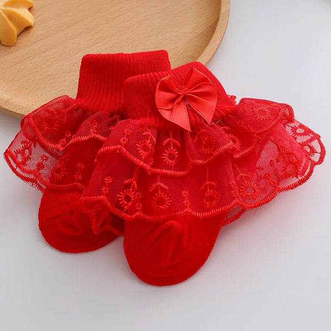 Infant Baby Girls Ruffle Lace Socks Super Soft Ankle Socks Princess Dress Socks With Bow 0 to 2 Years