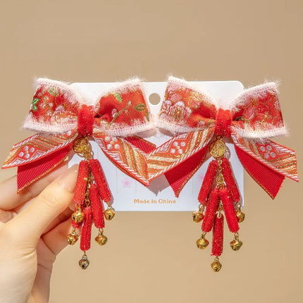 New Year Chinese-Style Hair Accessories Collection,Butterfly/Flower/Fan Designs with Fur Balls,Festive Clips for New Year Outfit