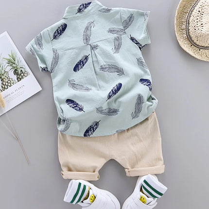 0-3 year old baby summer feather printed shirt short sleeved shorts set with fashionable cartoon random printing 2-piece set wit