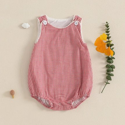 Baby Summer Tank Romper Plaid Print Sleeveless Round Neck Jumpsuit for Boys and Girls