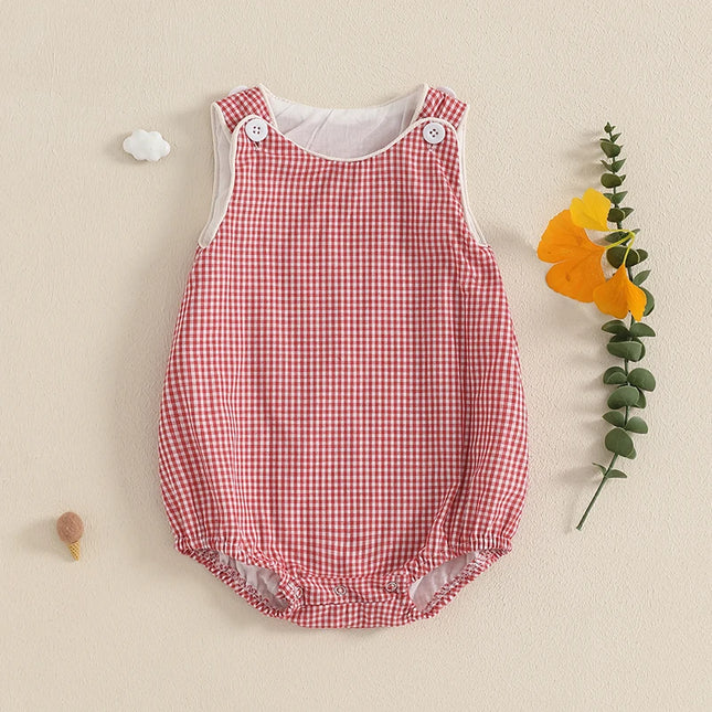 Baby Summer Tank Romper Plaid Print Sleeveless Round Neck Jumpsuit for Boys and Girls
