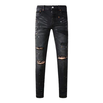 High Street American Distressed Men's Jeans Fashion Brand Coated Blank Stretch Skinny Button Fly Ripped Pants Trousers
