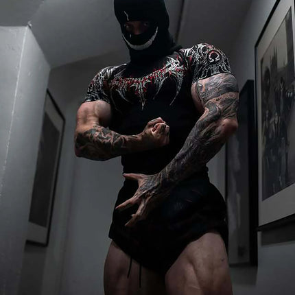 GYM T-shirt Men's Dark Gothic Print Muscle Tee  High Elasticity And Quick Drying Exercise For Bodybuilding Training 2025 Summer