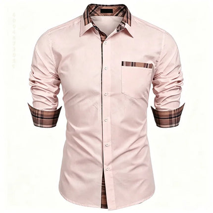 Men's shirt checkered contrasting long sleeved shirt, business casual button up shirt, personalized and trendy men's clothing