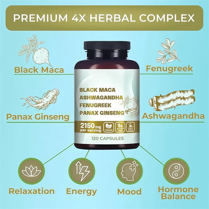 Original Black Maca Root, Ashwagandha, Panax Ginseng, Fenugreek Capsules, Male Enhancing Supplement Natural 4-in-1 Organic 18+