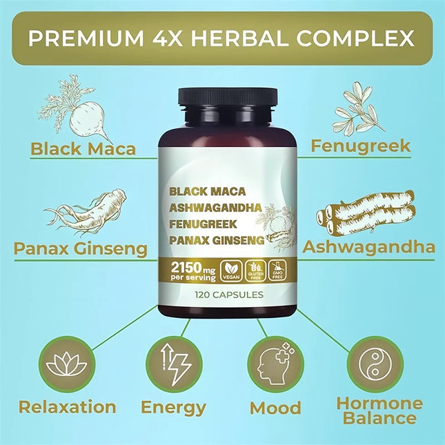 Original Black Maca Root, Ashwagandha, Panax Ginseng, Fenugreek Capsules, Natural Male Enhancement Supplement 4-in-1 Organic 18+