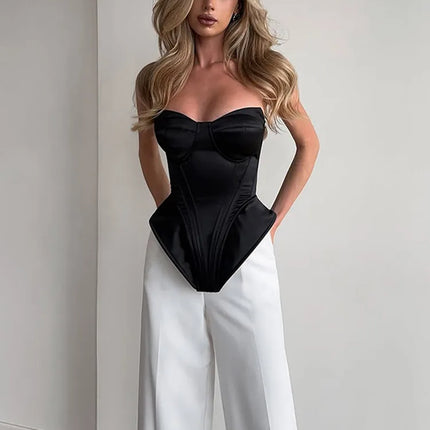 Women Solid Deep-v Satin Camisole Corset Top Elegant Double-strap Fitted Cropped Back-tie 2026 Chic Versatile Date Lady Tops