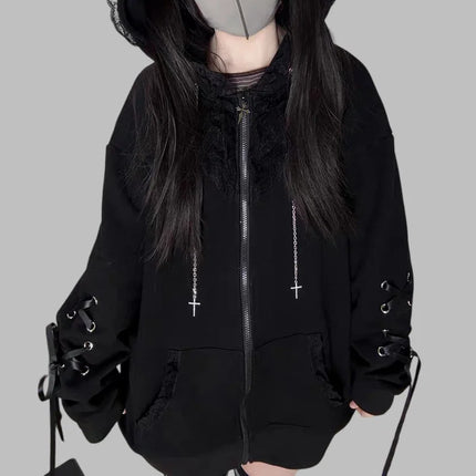 Gothic Style Hooded Zipper Cardigan Sweatshirt Women's Long Sleeve Lace Decoration Loose Lace up Jacket Summer New