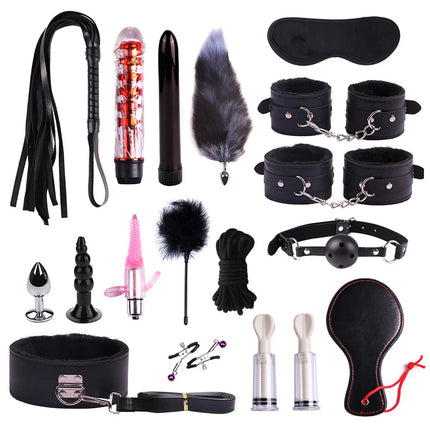23PCS BDSM Bondage Set Handcuffs Ball Gag Whip Anal Plug Vibrator Egg Sex Toy for Women Men Couples Fetish Slave Role Play Kit