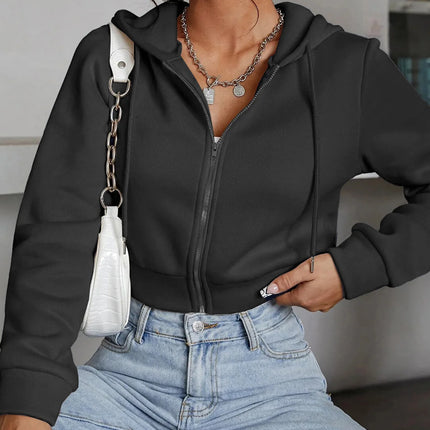 Women's Solid Long Sleeve Drop Shoulder Zip Up Hoodie, Fashion Casual Hooded Cropped Outerwear for Daily Wear, Women Clothes
