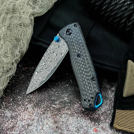 New Outdoor Camping 533 Folding Belt Knife Damascus Knife Carbon Fiber Handle Jungle Tactical Multi-Functional Self-Defense Tool