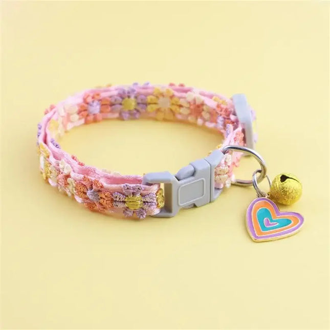 Fashion Rainbow Flower Cat Collar With Bell Kitten Puppy Necklace Adjustable Buckle Colorful Lace Kitten Collar Dog Accessories