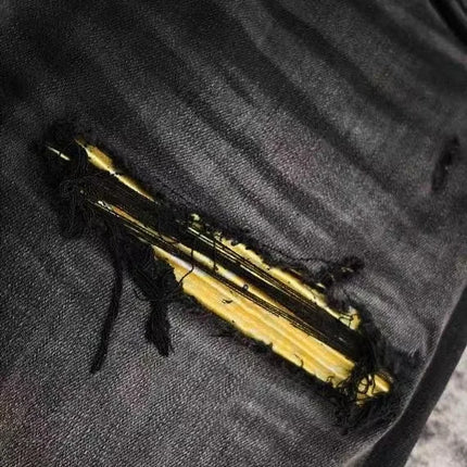 Men Yellow Ribbed Patches Distressed Jeans
