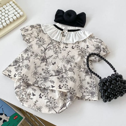 2024 New Summer Toddler Baby Girl Clothes Set Girls Short Sleeved Cotton Printed Shirt+PP Shorts 0-3Yrs Children Clothing Suit