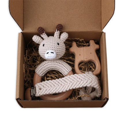 3Pcs/set Infants Shower Gift Baby Pacifier Chain Clip Beech Teether Wooden Teething Ring Newborn Crochet Animal Rabbite Rattle