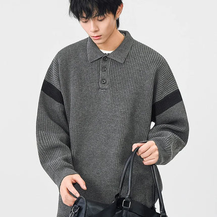 Autumn Winter Polo-Style Colour-Block Knit Sweater Men Effortlessly Stylish Relaxed Fit Loose Collar Top Warm Cosy