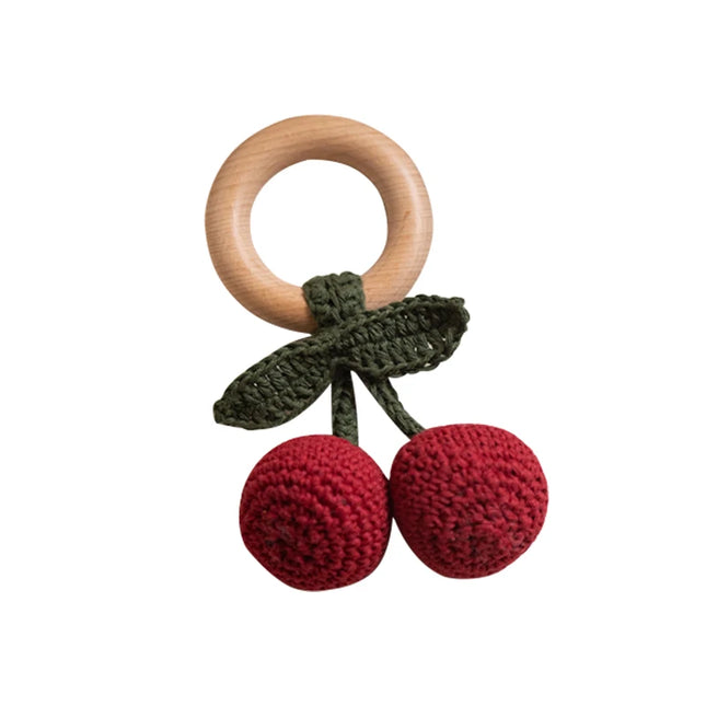 Handmade Crochet Fruit Rattle Toy for Babies Boys Girls Gifts Wood Ring Cherry Rattles Infant Teether for Newborn Music Toys