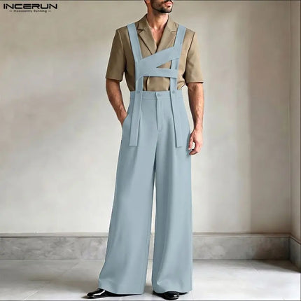 INCERUN Men's Jumpsuits Solid Color Sleeveless Casual Straps Rompers For Man Streetwear Loose 2026 Fashion Male Overalls S-5XL