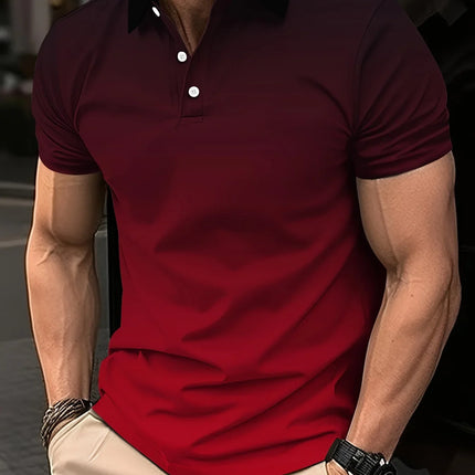 Men's fashion gradient color shirt polo lapel golf shirt short-sleeved printed button clothing, fashionable design, casual and b